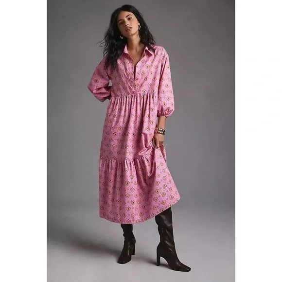 Maeve By Anthropologie Bettina Midi Shirt Dress in Pink Combo - Picture 5 of 10